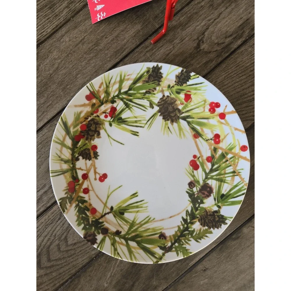 NWT Hallmark Christmas Serving Plate Pine Cones Berries Woodland Red Metal Stand
